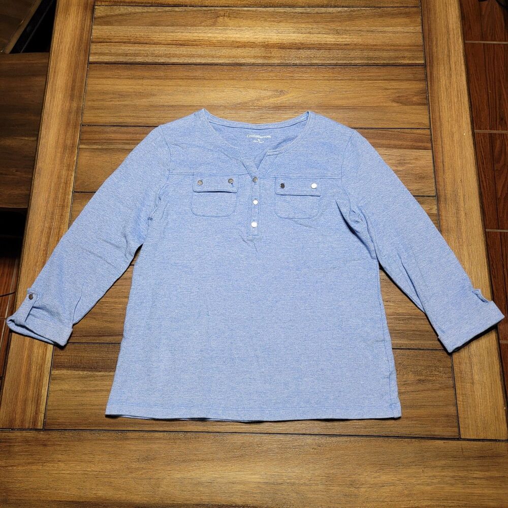 Croft & Barrow Blue Long Sleeve Quarter Button w/Pockets - Size Medium